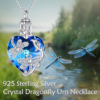 TOUPOP Sterling Silver Urn Necklace for Ashes with Crystal Memorial Keepsake Dragonfly/Butterfly/Cardinal/Cat/Dolphin Cremeation Jewelry Birthday Mothers Day Christmas Gifts for Her Women - style: Dragonfly