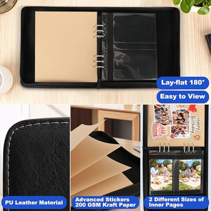 Leather Photo Album 4x6 200 Photos, DIY Scrapbook with 50 Sheets and 20 Blank Kraft Sheets, Travel Souvenir Diary Photo Book for Family Wedding Baby and Holiday Pictures - color: Black