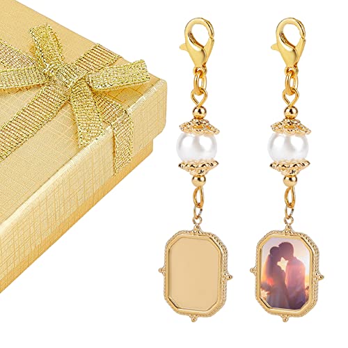 CHGCRAFT 2Pcs Wedding Bouquet Charm Rectangle Stainless Steel Memorial Photo Pendant with Freshwater Pearl and Necklace Boxes for Wedding Bridal Shower Party Decor, Gold, 60mm Tray: 14.5x10mm