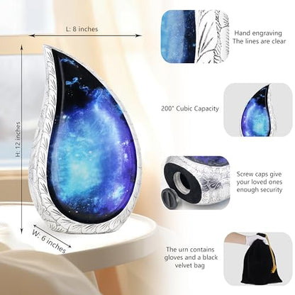 M MEILINXU Blue and Black Urns for Human Ashes Adult Man, Galaxy Tear Drop - color: Blue & Black, size: Large / Full Size