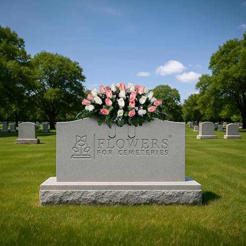 30" Headstone Flower Saddle Artificial Cemetery Flowers - Gravesite Flowers - Cream Pink Roses - color: Cream and White Roses, size: (1) Saddle