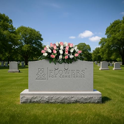 30" Headstone Flower Saddle Artificial Cemetery Flowers - Gravesite Flowers - Cream Pink Roses - color: Cream and White Roses, size: (1) Saddle