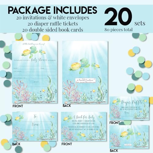Amanda Creation Sea Turtle Baby Shower Invitations, 20 Pack 5x7 Under the Sea Kit with Diaper Raffle, Book Request Cards & Envelopes - style: Sea Turtle