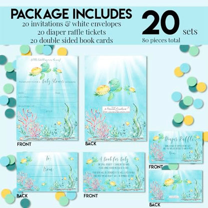 Amanda Creation Sea Turtle Baby Shower Invitations, 20 Pack 5x7 Under the Sea Kit with Diaper Raffle, Book Request Cards & Envelopes - style: Sea Turtle