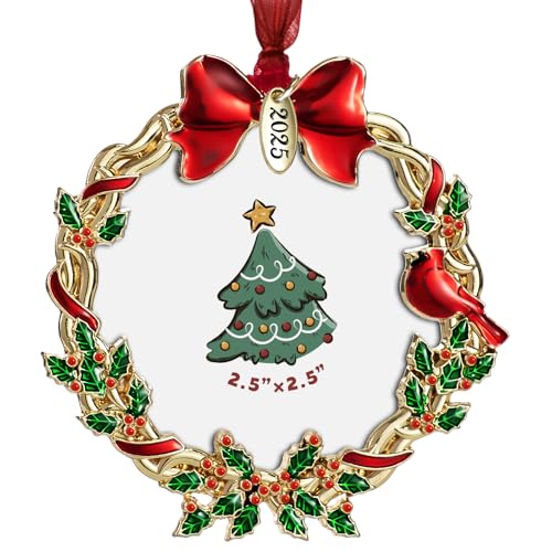 LIFE&FOOT Christmas Tree Ornaments 2.5 inch Picture Frame Memorial Hanging Pendant Forever&Always Metal Photo Frame Insert for Picture 2025 Holiday Keepsake Gift (Gold Wreath 2025)