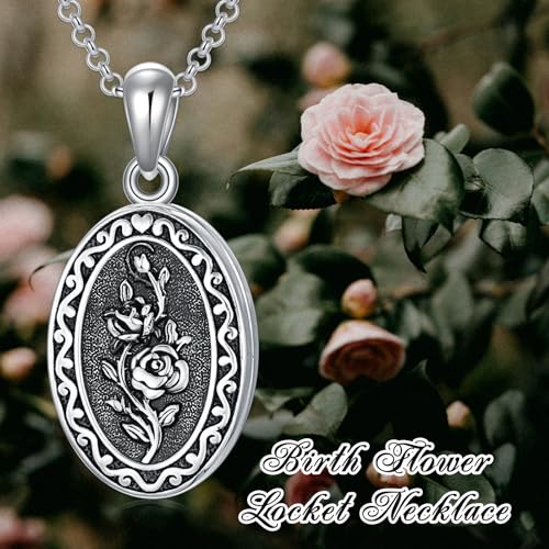 Birth Flower Photo Locket Necklace 925 Sterling Silver 12 Month Locket Necklace with Picture Birth Flower Photo Jewelry Gifts for Women Mother Mom Daughter - color: 06-June-rose, style: 1.no custom