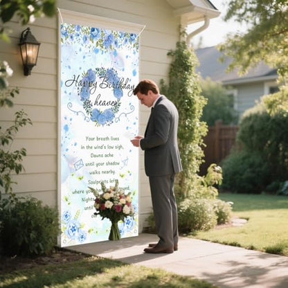 Happy Birthday in Heaven Door Banner Funeral Remembrance Decoration Funeral Memorial Flags for Cemetery Happy Heaven Birthday Door Banner 35.4x70.8 inch (blue)