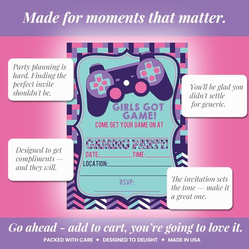 Girls Got Game Video Gaming Birthday Party Invitations for Girls, 20 5x7 Fill In Cards with Twenty White Envelopes by AmandaCreation - color: Girls Got Game Video