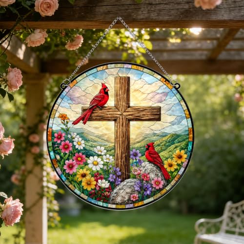 Cardinals with Jesus Cross Memorial Suncatcher, 8" Christian Stained Glass Wavy Acrylic Window Hanging, Sympathy Gift for Loss of Loved One, Mom, Dad, Grandma, Family Member, Religious Gifts for Women - color: Cardinal With Jesus Cross