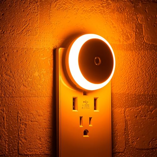 Amber Night Light Plug in, Dusk to Dawn Sensor, Blue Light Blocking, Automatic Nightlight, Energy Efficient, 2 Pack LED Night Lights Plug into Wall, for Bathroom, Bedroom, Kitchen, Hallway, Stairway - color: Amber
