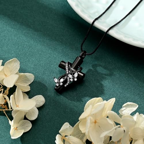 Butterfly Cross Cremation Jewelry Urn Necklaces Stainless Steel Cross Urn Necklaces for Ashes Memorial Keepsake Pendant for Women Gifts With Funnel Kit & Bag - color: Black+White
