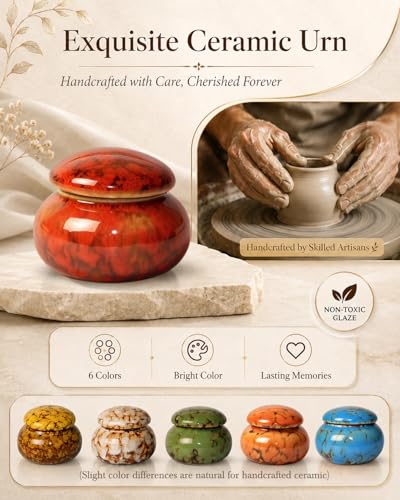 CHONOVO Small Ceramic Keepsake Urn, 1.6'' with Velvet Bag and Box - color: Red