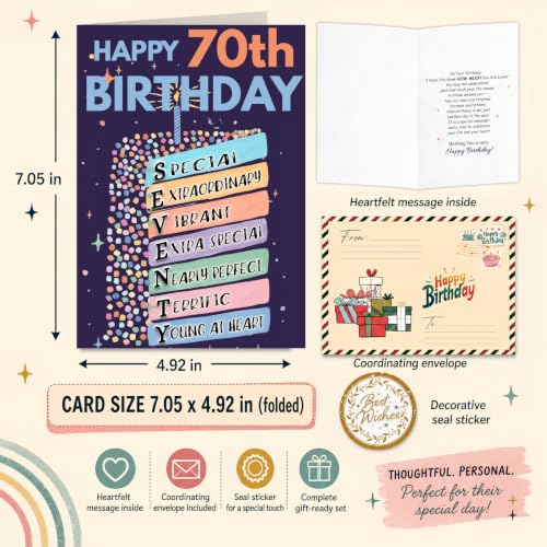 70th Birthday Card, Happy 70th Birthday CardS for Women Men with Seal and Envelope, 70 Year Old Birthdayy Cards for Mom Dad Grandma Grandpa Wife Husband Friend - color: 70th