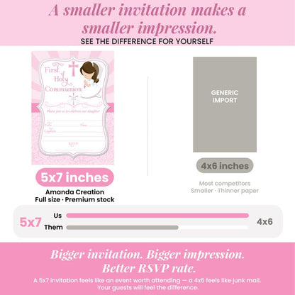 First Holy Communion Religious Party Invitations for Girls (Light Skin, Brown Hair), 20 5x7 Fill In Cards with Twenty White Envelopes by AmandaCreation - style: Light Skin, Brown Hair Girl