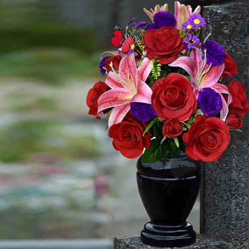 Artificial Cemetery Flowers with Vase, Artificial Rose Lily Carnation Bouquet, Graveyard Memorial Flowers for Cemetery Headstones Decoration