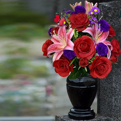 Artificial Cemetery Flowers with Vase, Artificial Rose Lily Carnation Bouquet, Graveyard Memorial Flowers for Cemetery Headstones Decoration