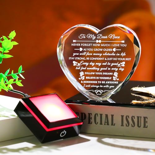 Arikyrist Niece Gifts from Auntie Uncle with Colorful LED Base, Inspirational Birthday Graduation Gifts for Niece from Aunt, Heart Crystal keepsake To My Nieces Present on Christmas - style: Niece Gifts + Light Base