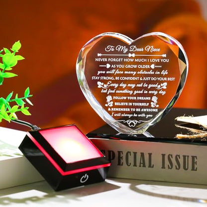 Arikyrist Niece Gifts from Auntie Uncle with Colorful LED Base, Inspirational Birthday Graduation Gifts for Niece from Aunt, Heart Crystal keepsake To My Nieces Present on Christmas - style: Niece Gifts + Light Base
