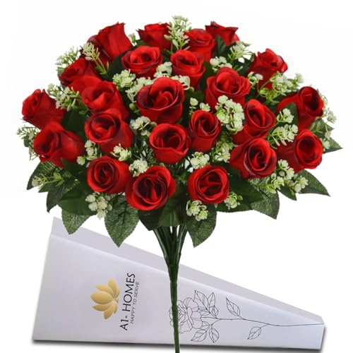 41cm Artificial Silk Red Rose Bush with Gyp & Foliage 24 Flower Heads- Wedding Grave Home Decoration (Red, 1 Bunch) - color: Red