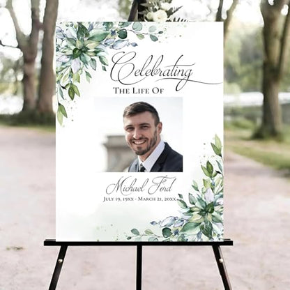 Greenery Funeral Welcome Sign, Celebration of Life Welcome Sign, in Loving Memory Sign, Celebration of Life Funeral Sign, Celebration of Life Sign, Memorial Sign with Photo #Yu1256 - color: Version #28