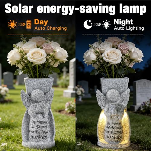 HUYIENO Solar Cemetery Flower Vase Angel Memorial Vase for Grave Outdoor Waterproof Cemetery Decorations with Metal Spikes Sympathy Loss Gift Memorial Gifts - style: Angel