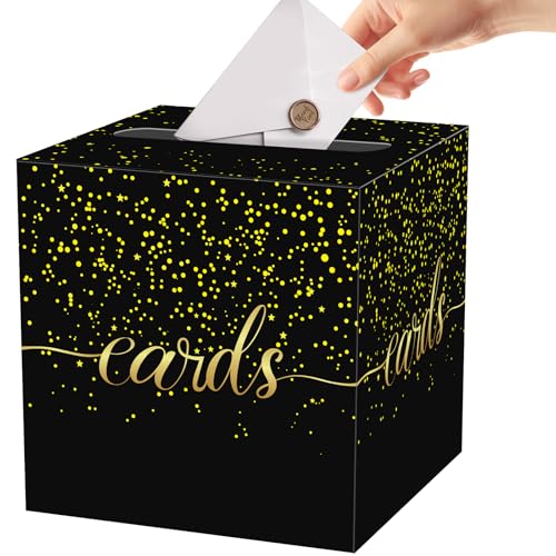 Black and Gold Card Box for Party, Graduation, Baby Shower | Box for Cards, Envelope, Raffle Ticket, Ballot, Money Receiving; 8.7 x 8.7 x 8.7 Inch Gift Card Box for Grad Party Decoration - color: Black Polka Dot