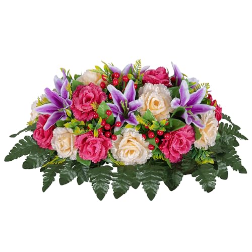 LVXINLI Cemetery Headstone Flower Saddle -Outdoor Grave Decorations ，Mixed of Artificial Silk Rose and Lily for Tombstones (red, Saddle)