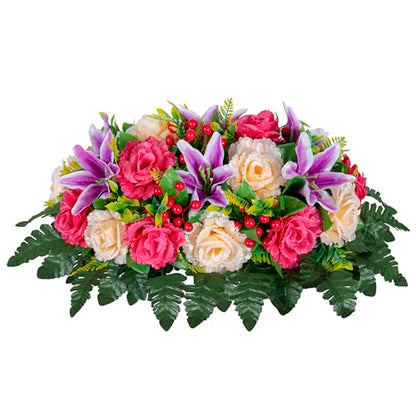 LVXINLI Cemetery Headstone Flower Saddle -Outdoor Grave Decorations ，Mixed of Artificial Silk Rose and Lily for Tombstones (red, Saddle)