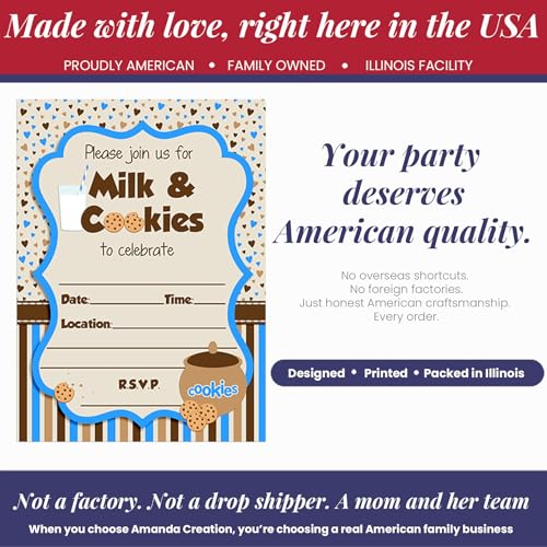 Milk and Cookies Birthday Party 20 Invitations 5"x7" Double-Sided Fill-In Cards with Envelopes, Kids Party Stationery Set, Cute Milk & Cookie Jar Theme for Boys, Made in USA by Amanda Creation - color: Milk and Cookies