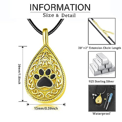 Dreamboat Pet Urn Necklace for Dog Cat Ashes 925 Sterling Silver Paw Print Cremation Keepsake Pendant Celtic Knot Memorial Jewelry Gifts for Women Men - style: 04C-Teardrop (Gold)