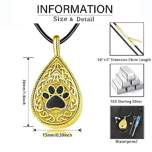 Dreamboat Pet Urn Necklace for Dog Cat Ashes 925 Sterling Silver Paw Print Cremation Keepsake Pendant Celtic Knot Memorial Jewelry Gifts for Women Men - style: 04C-Teardrop (Gold)