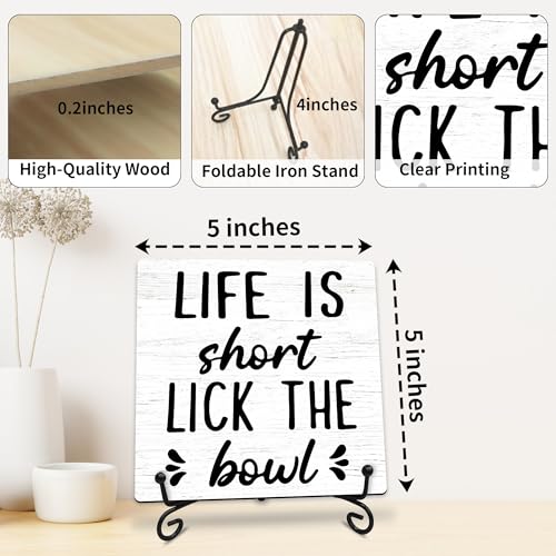 Life is Short Lick the Bowl Wooden Sign - 5" Funny Wooden Plaque With Metal Support - Rustic Tabletop Bathroom, Toilet, Kitchen Room Decor - Housewarming Gifts For Family & Friends - A01 - style: Life is Short Lick the Bowl