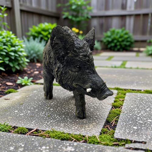 Wild Boar Statue, 21.26 in Dark Bronze-Tone Resin Garden Sculpture | Textured coat and visible tusks; low forward-moving pose for patios, lawns, woodland displays, hunters, and wildlife fans - color: Wild Boar