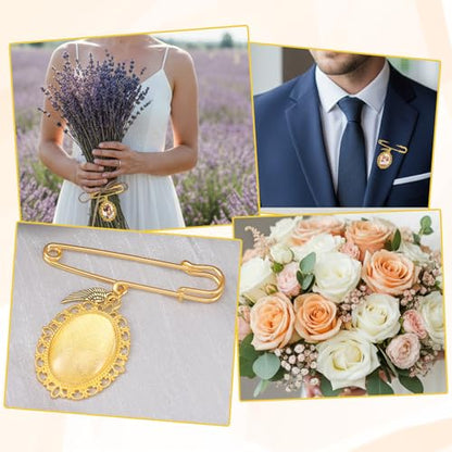 Wedding Bouquet Photo Charm, Lacy Oval Glass Picture Frame Memory Pin - color: Gold