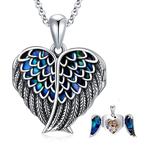 SOULMEET Angel Wing Heart Locket Necklace that Holds Picture Photo Locket Pendant You are My Angel Sterling Silver/Gold - style: C2-Abalone angel wing locket+photo