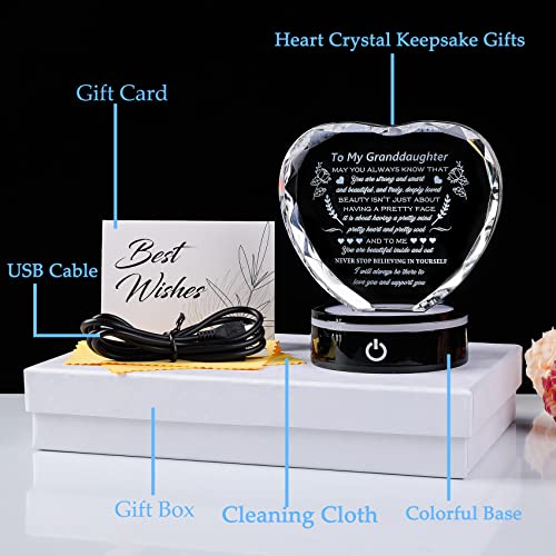 YWHL Granddaughter Gifts from Grandma Graduation Birthday Gifts for Granddaughter Heart Crystal to My Granddaughter Keepsakes Gift with Colorful Base on Wedding Back to School Valentine Christmas - color: Granddaughter Gifts+led
