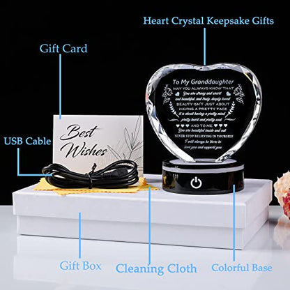 YWHL Granddaughter Gifts from Grandma Graduation Birthday Gifts for Granddaughter Heart Crystal to My Granddaughter Keepsakes Gift with Colorful Base on Wedding Back to School Valentine Christmas - color: Granddaughter Gifts+led