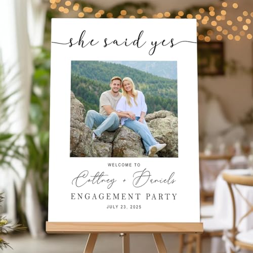 Personalized Engagement Party Welcome Sign with Personalized Photo | Custom Couple Names & Date | Simple White Engagement Backdrop | Waterproof PVC Celebration Board - color: Design 15