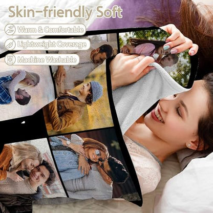 Personalized 10 Photos Family Blanket, Custom Mom/Dad/Girlfriend/Boyfriend/Couple/Best Friend/Sister Blanket, Custom Photo Throw Blanket, Black, 60"x80" - color: Style 1