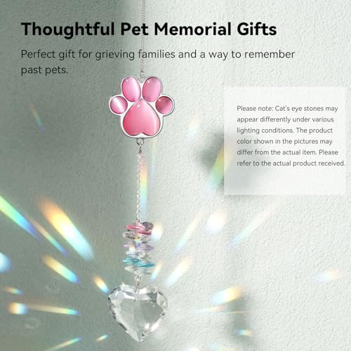 Dog Memorial Gifts, Pet Memorial Suncatcher, Loss of Dog Sympathy Gift | Thoughtful Dogs and Cats Bereavement Remembrance Gifts, Natural Cat's Eye Stone Paw Crystal Suncatcher - color: Pink