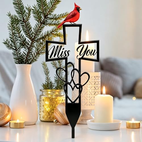 2 Pcs Metal Cemetery Memorial Plaque for Remembrance,Metal Cemetery Plaque with Cross & "Miss You" Heart,Cardinals Memorial Grave Markers,Outdoor Ground Stake for Cemetery, Garden,Memorial Tribute 6x12 Inch