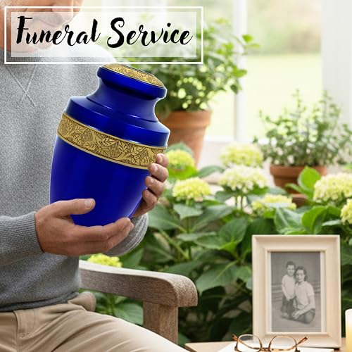 Cremation Urn for Human Ashes, Persian Blue & Gold - color: Persian Blue Gold, size: Hand-Etched Leaf - 7x11"
