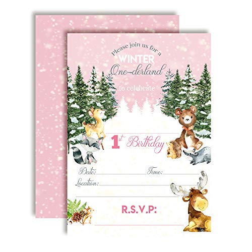 Amanda Creation Winter Onederland Invitation, 20 Pack 5x7 Winter Onederland 1st Birthday Girl Invitation Cards with White Envelopes - style: One-derland First Birthday Girls