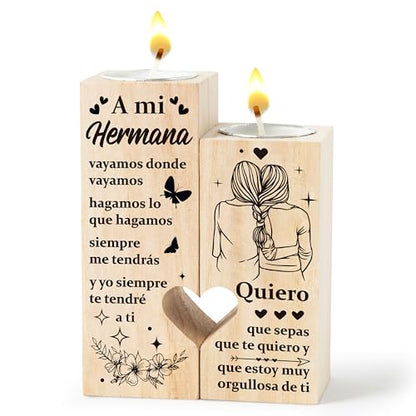 Zainpe Spanish Sister Best Friend Bestie Candle Holders Regalo para Amiga, A mi Hermana Wooden Heart Double Printing Candlestick Personalized Friendship for Mum Women Girl Soul - color: Bestie Embrace