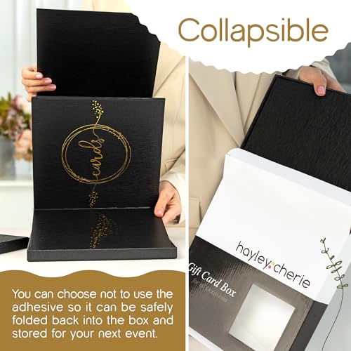 Black & Gold Card Box, Large 10x10 Gift Card Box Envelope Holder with Slot | Wedding Reception, Graduation Party, Funeral Memorial, Birthday, Bridal & Baby Shower, Retirement, Donation Basket, Money