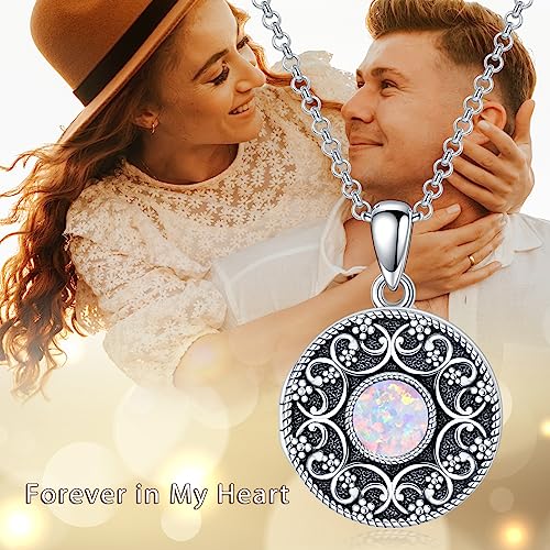 Round Locket Necklace 925 Sterling Silver Filigree/Flower Locket Necklace That Holds Pictures Birthday Christmas Jewelry Gifts for Women - color: 03-Pink Opal Locket