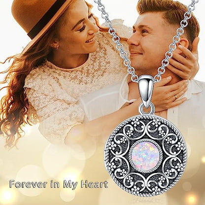 Round Locket Necklace 925 Sterling Silver Filigree/Flower Locket Necklace That Holds Pictures Birthday Christmas Jewelry Gifts for Women - color: 03-Pink Opal Locket