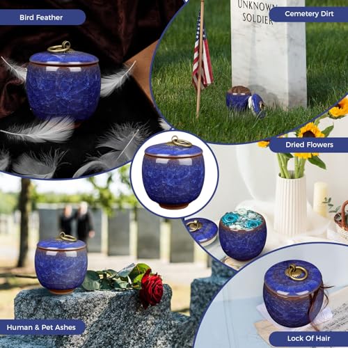 Small Urns for Human Ashes Keepsake, Ceramic Ice Crack Memorial Keepsake Cremation Urns Token Urns Mini Sharing Funeral Urns with Black Premium Box,Blue - color: Blue