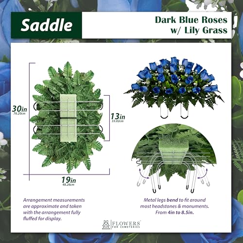 30" Headstone Flower Saddle Artificial Cemetery Flowers - Gravesite Flowers - Blue Roses - color: Blue Roses, size: (1) Saddle
