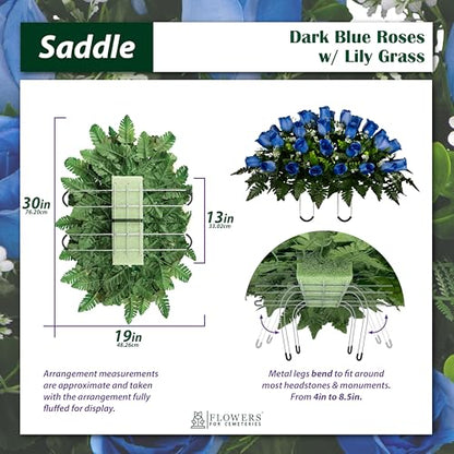 30" Headstone Flower Saddle Artificial Cemetery Flowers - Gravesite Flowers - Blue Roses - color: Blue Roses, size: (1) Saddle